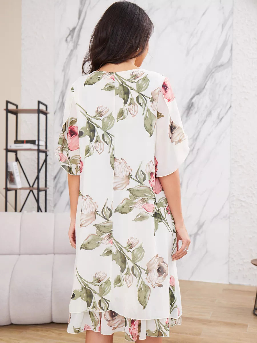 ❀Elegantní dámské šifonové šaty s polovičním rukávem a potiskem