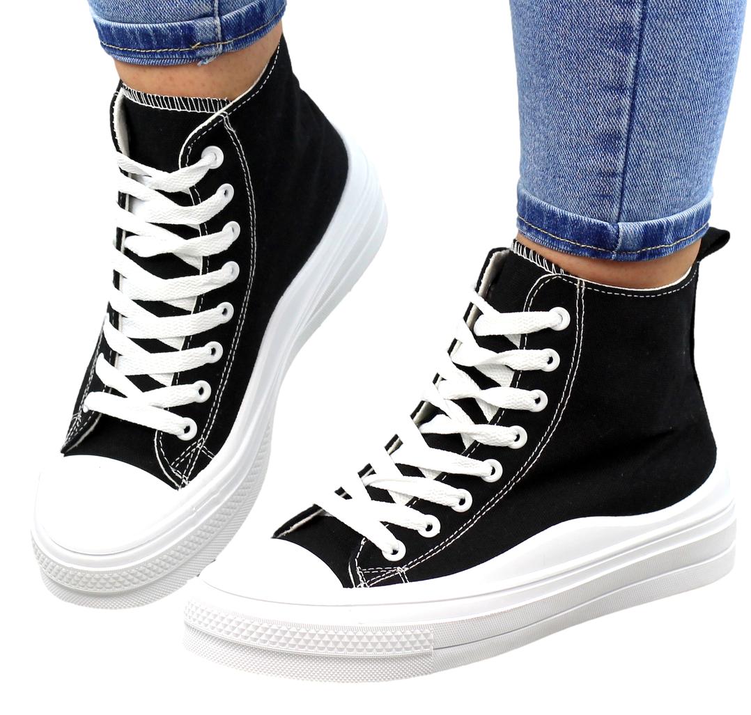 CZARNE DŁUGIE TRAMPKI DAMSKIE NA GRUBEJ PODESZWIE