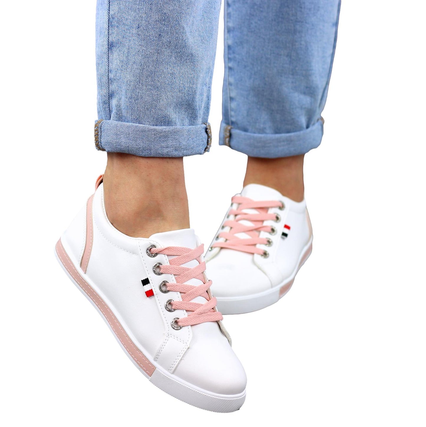 MODNE BIAŁO RÓŻOWE SKÓRZANE TRAMPKI DAMSKIE SZNUROWANE PRETTY