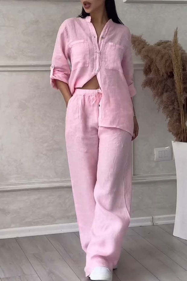 🌸Dámský dvoudílný oblek z bavlny a lnu. Košile a kalhoty se zapínáním na knoflíky.