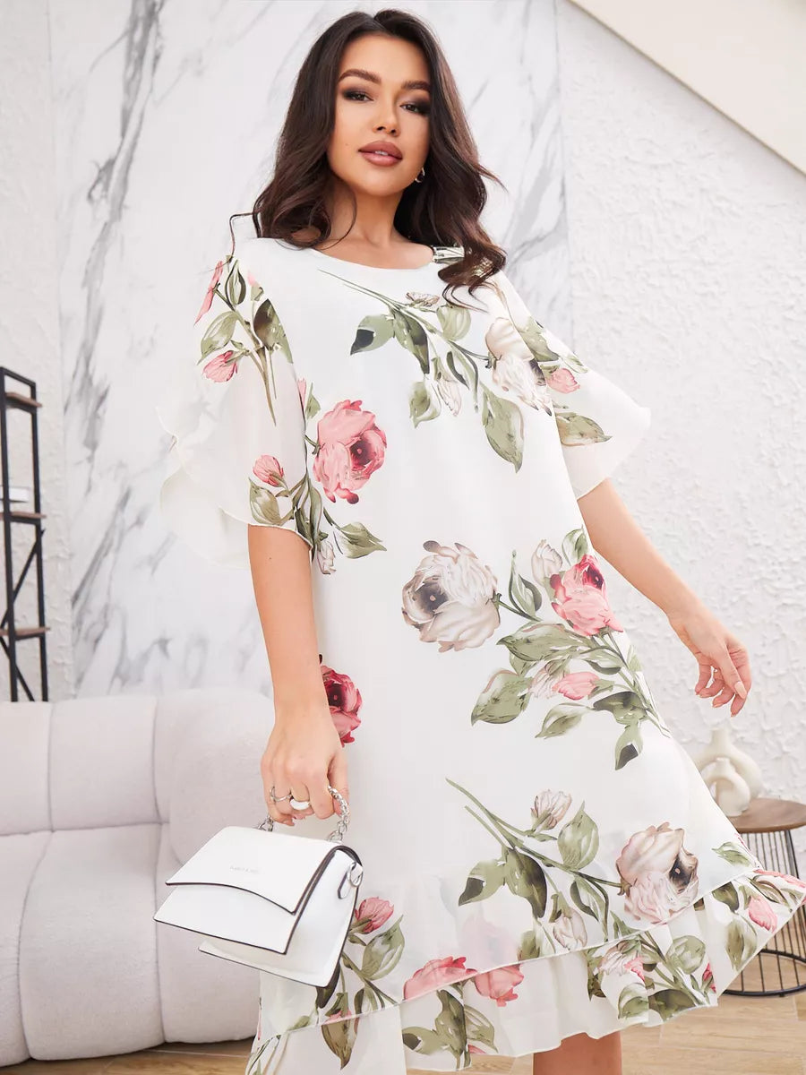 ❀Elegantní dámské šifonové šaty s polovičním rukávem a potiskem