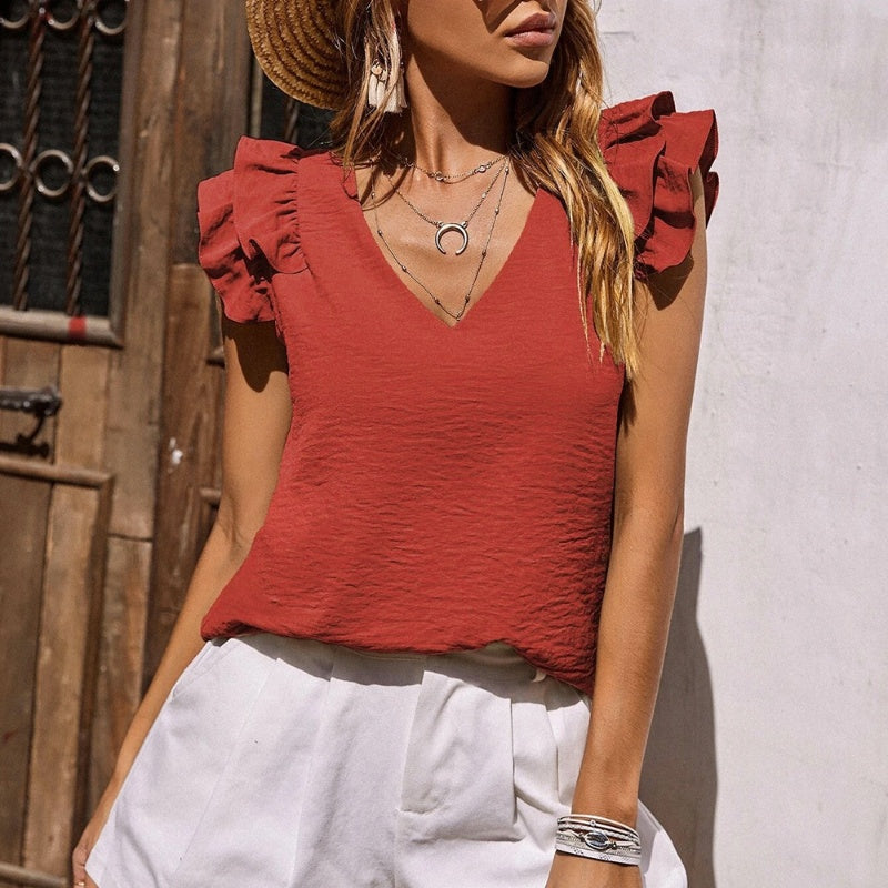 【S-2XL】👚Elastický top s volánem do V s výstřihem do V