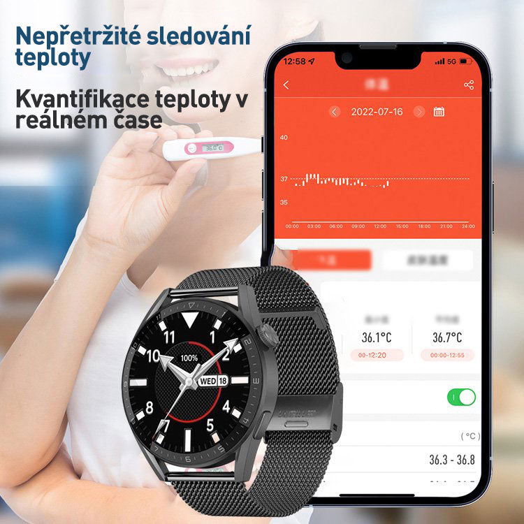 Chytré hodinky pro bezbolestné sledování hladiny glukózy v krvi s telefonem Bluetooth.