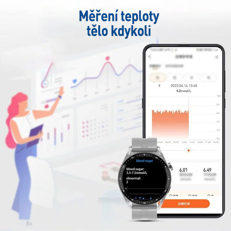 Chytré hodinky pro bezbolestné sledování hladiny glukózy v krvi s telefonem Bluetooth.
