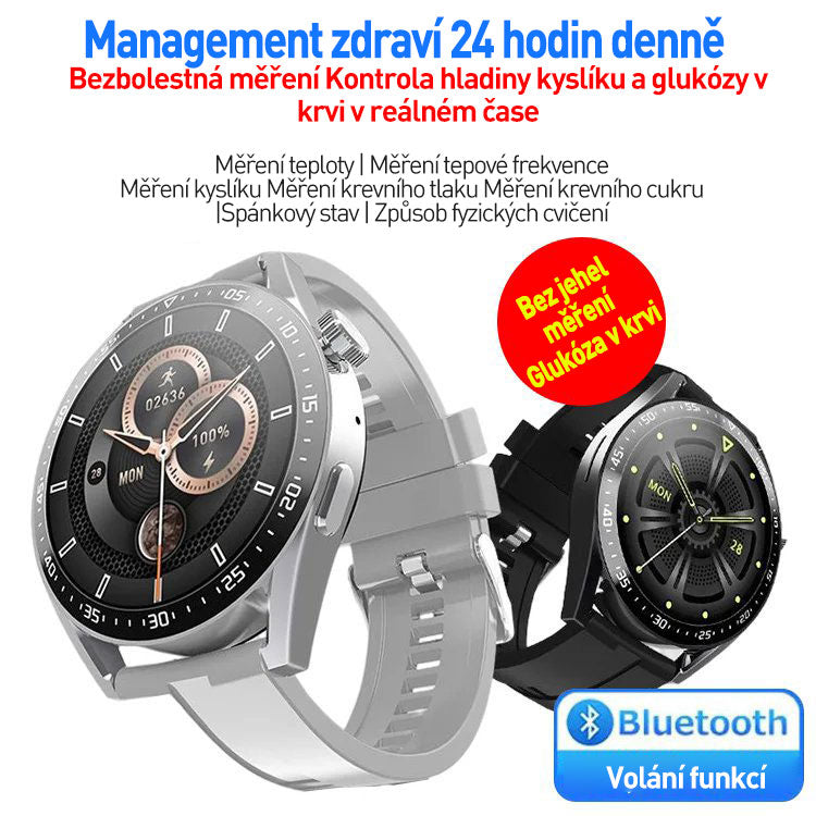 Chytré hodinky pro bezbolestné sledování hladiny glukózy v krvi s telefonem Bluetooth.