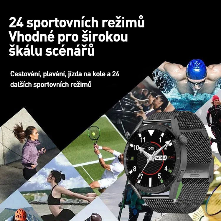 Chytré hodinky pro bezbolestné sledování hladiny glukózy v krvi s telefonem Bluetooth.