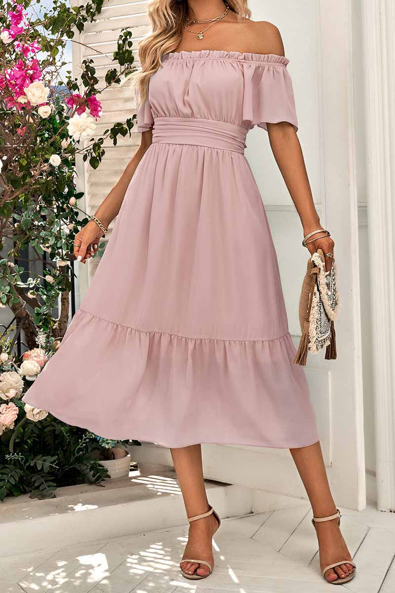 Dámské ležérní elegantní šaty s lodičkovým výstřihem, jednobarevné midi šaty
