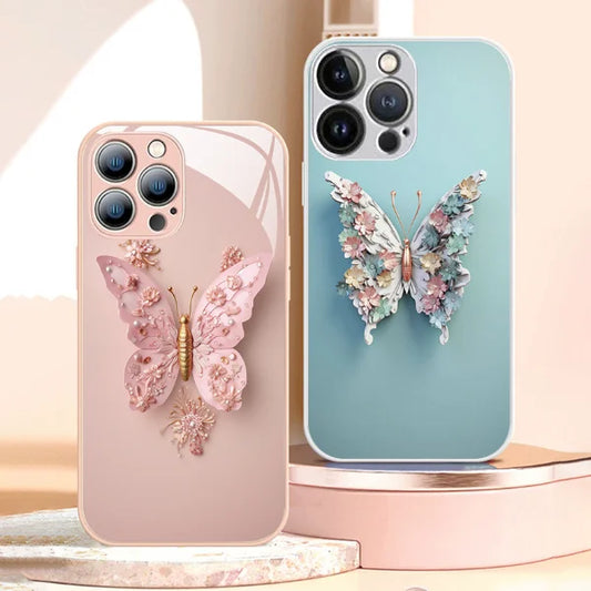 Ploché skleněné pouzdro s 3D vzorem motýla, kompatibilní s iPhone