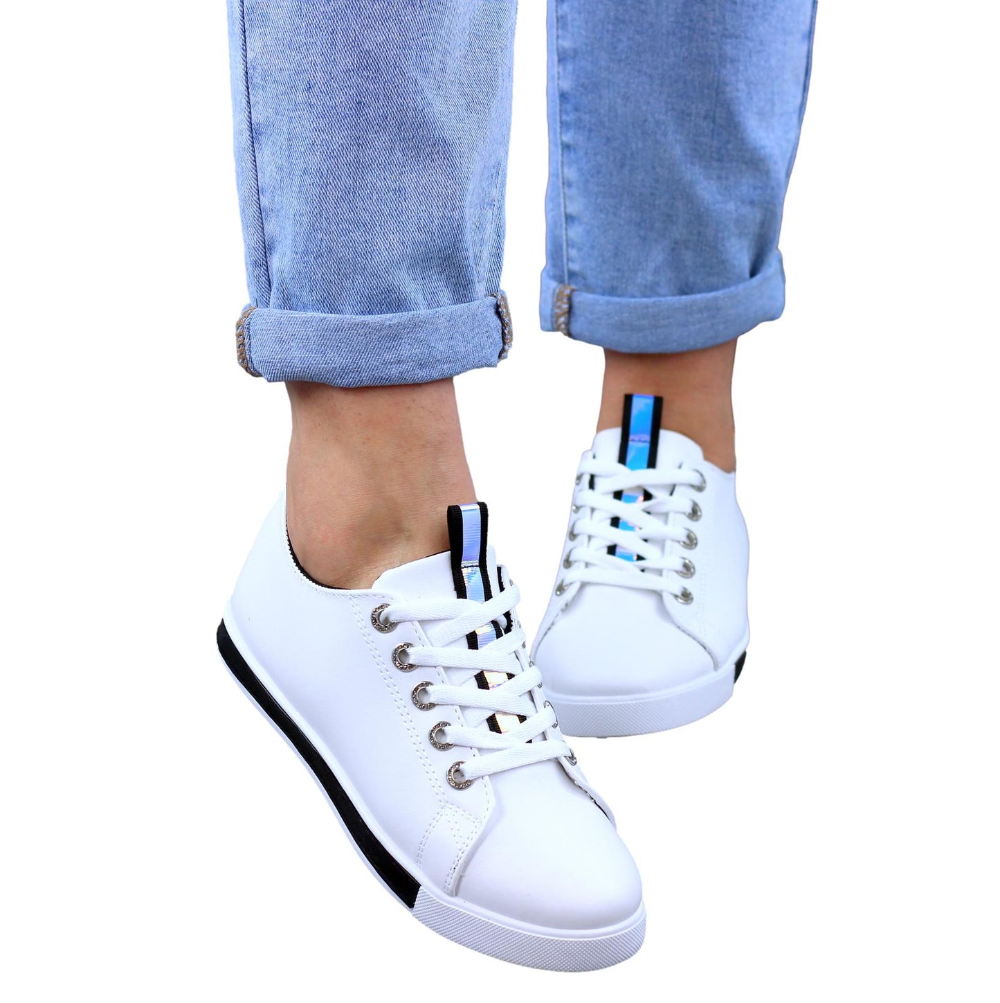 BIAŁO CZARNE SKÓRZANE GŁADKIE TRAMPKI DAMSKIE efekt holo