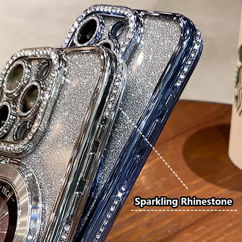 Magnetický kryt na iPhone s třpytivými kamínky a neviditelným stojánkem