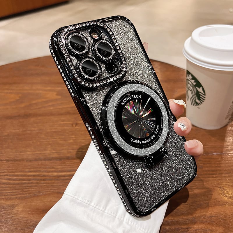 Magnetický kryt na iPhone s třpytivými kamínky a neviditelným stojánkem
