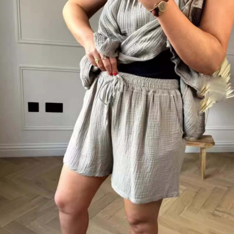 💗Dámská souprava šortek a topu z tvarohového plátna s volánky