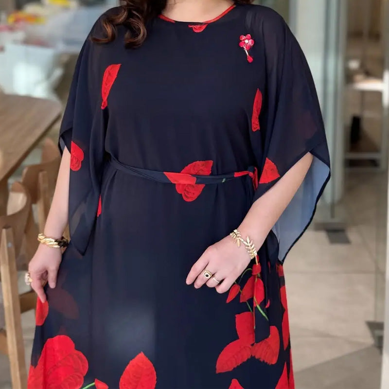 👗 Volné šaty s kulatým výstřihem a páskem 🌸 | Květinový potisk | Nastavitelná silueta