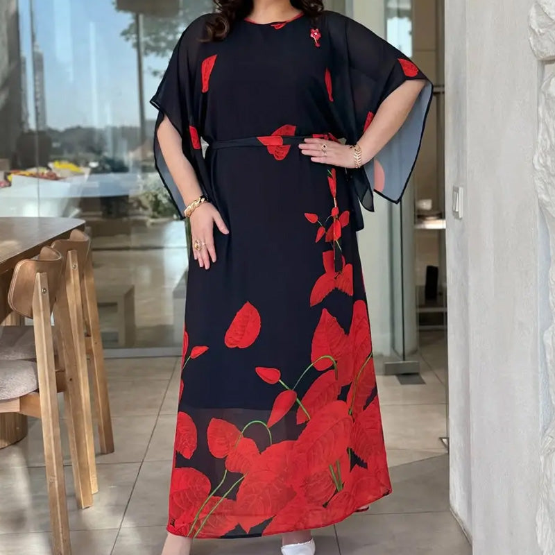 👗 Volné šaty s kulatým výstřihem a páskem 🌸 | Květinový potisk | Nastavitelná silueta