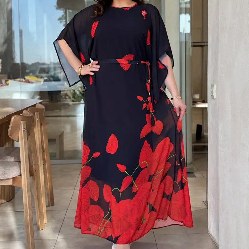 👗 Volné šaty s kulatým výstřihem a páskem 🌸 | Květinový potisk | Nastavitelná silueta
