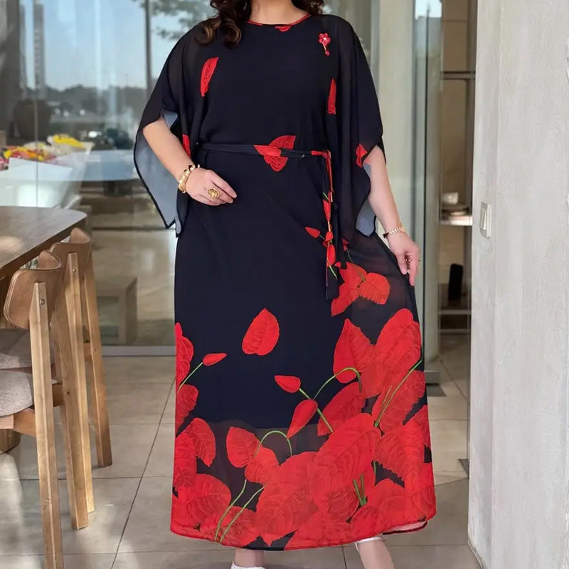 👗 Volné šaty s kulatým výstřihem a páskem 🌸 | Květinový potisk | Nastavitelná silueta