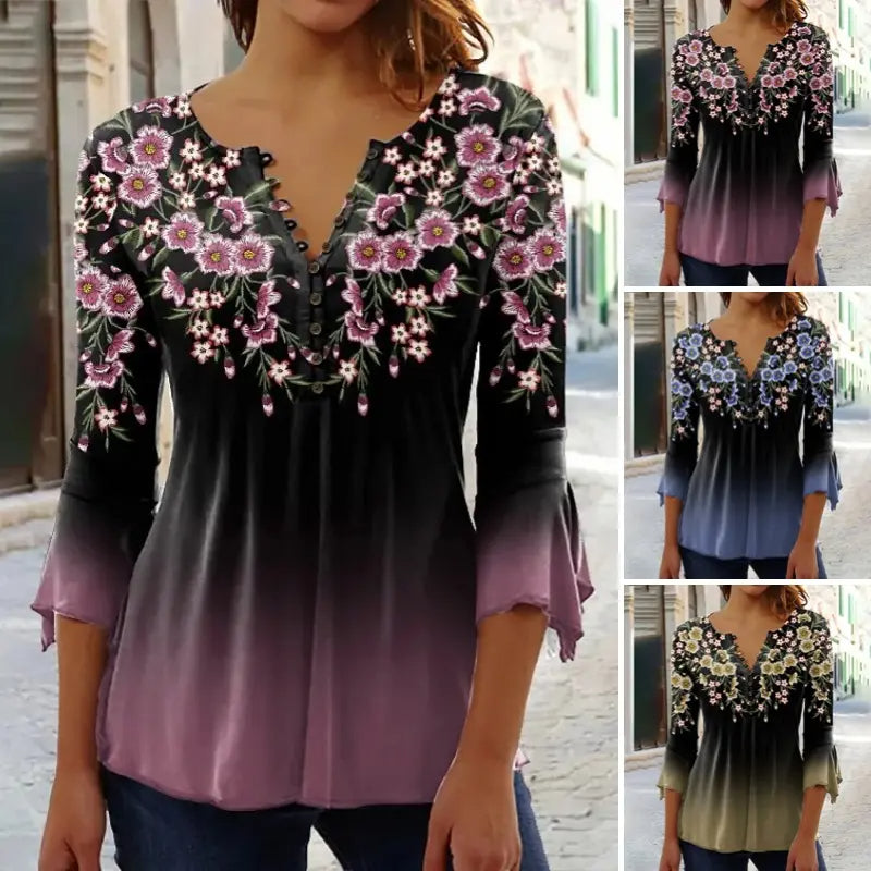 🔥Elegantní dámský top s květinovým vzorem a výstřihem do V