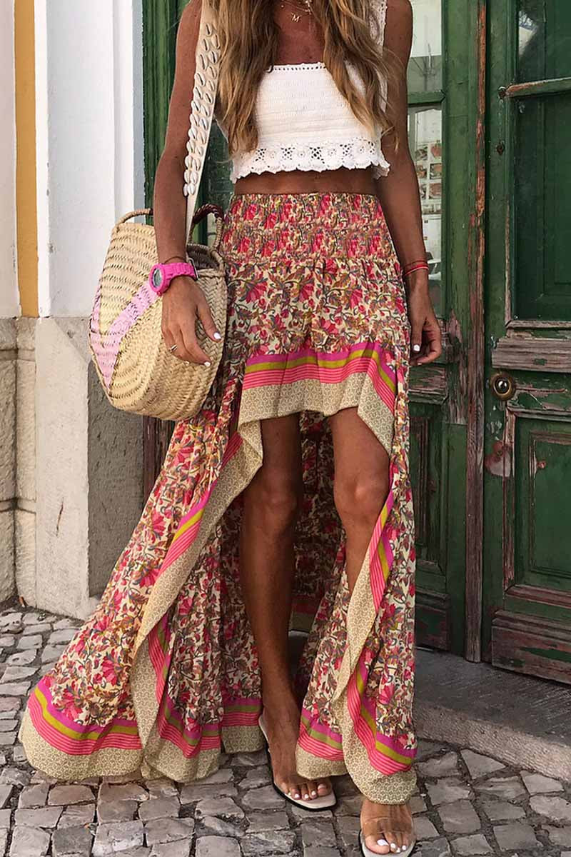 Dámská nepravidelná prázdninová sukně Peplum s vysokým pasem s potiskem