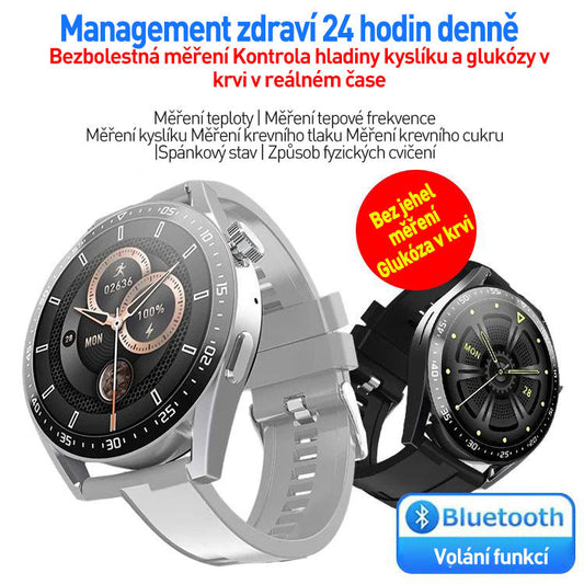 Chytré hodinky pro bezbolestné sledování hladiny glukózy v krvi s telefonem Bluetooth.